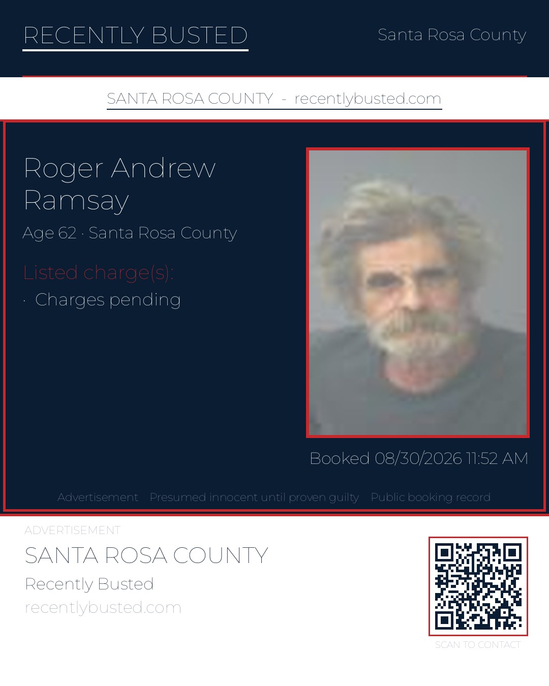 Roger Andrew Ramsay — arrest record card, Santa Rosa County, Florida