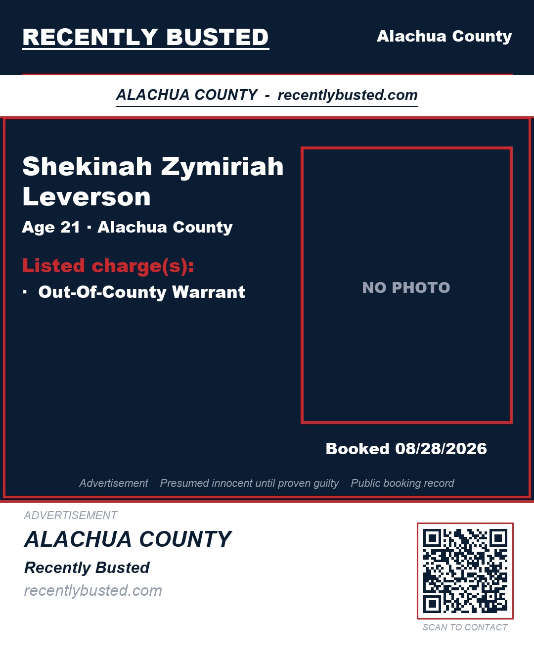 Shekinah Zymiriah Leverson — arrest record card, Alachua County, Florida