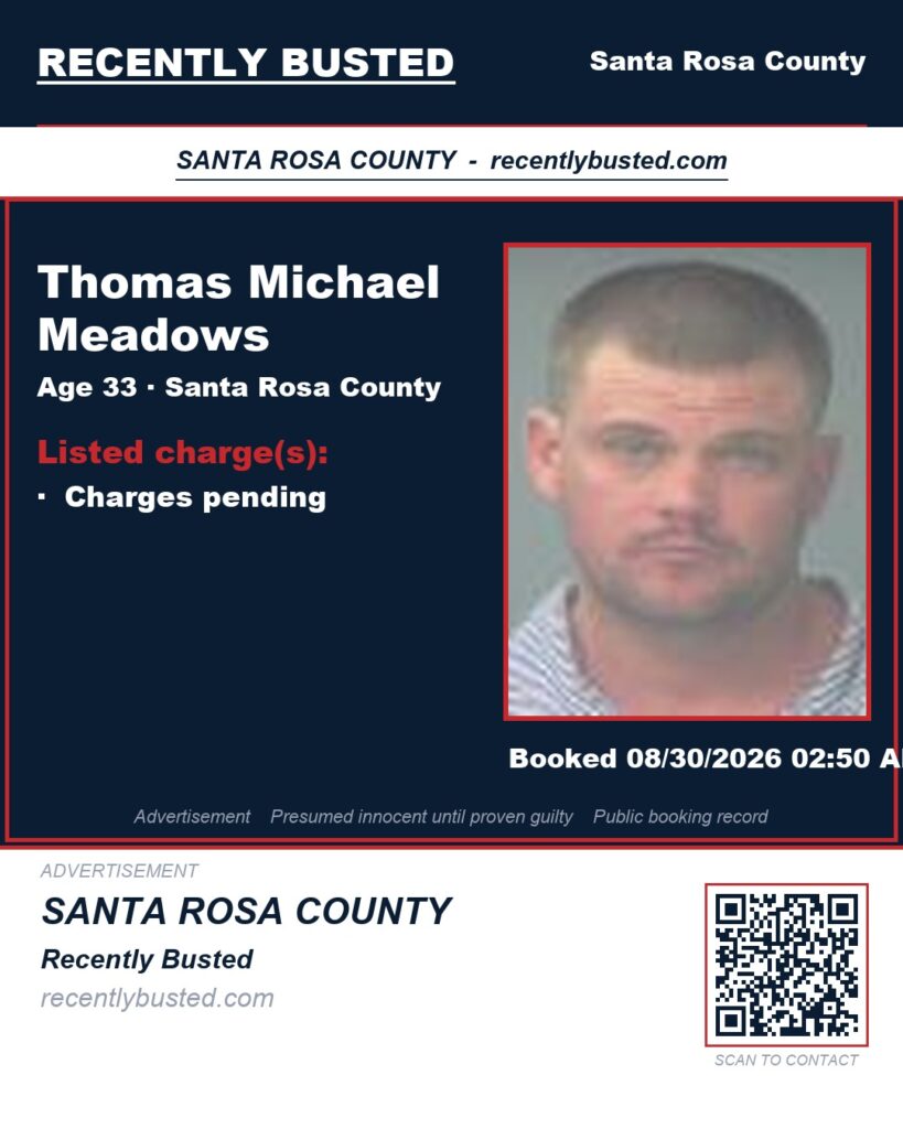 Thomas Michael Meadows — arrest record card, Santa Rosa County, Florida