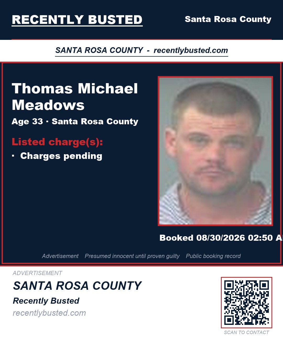 Thomas Michael Meadows — arrest record card, Santa Rosa County, Florida