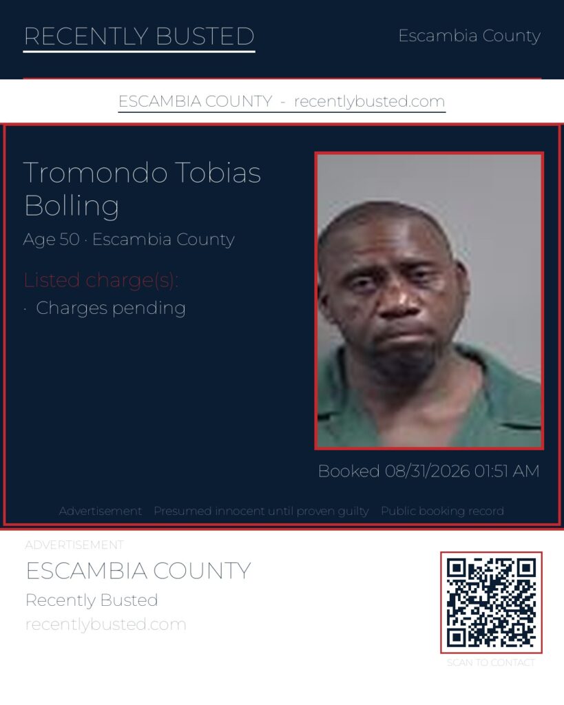 Tromondo Tobias Bolling — arrest record card, Escambia County, Florida