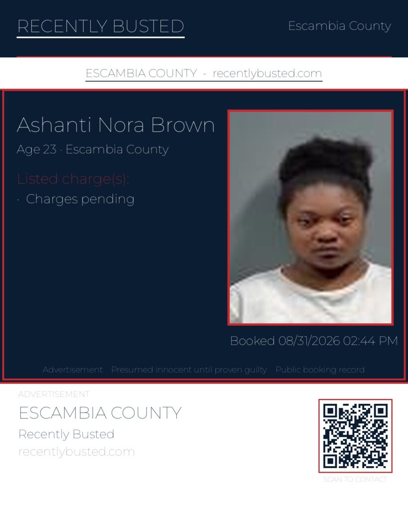 Ashanti Nora Brown — arrest record card, Escambia County, Florida