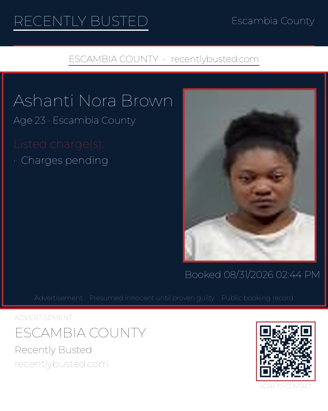 Ashanti Nora Brown — arrest record card, Escambia County, Florida