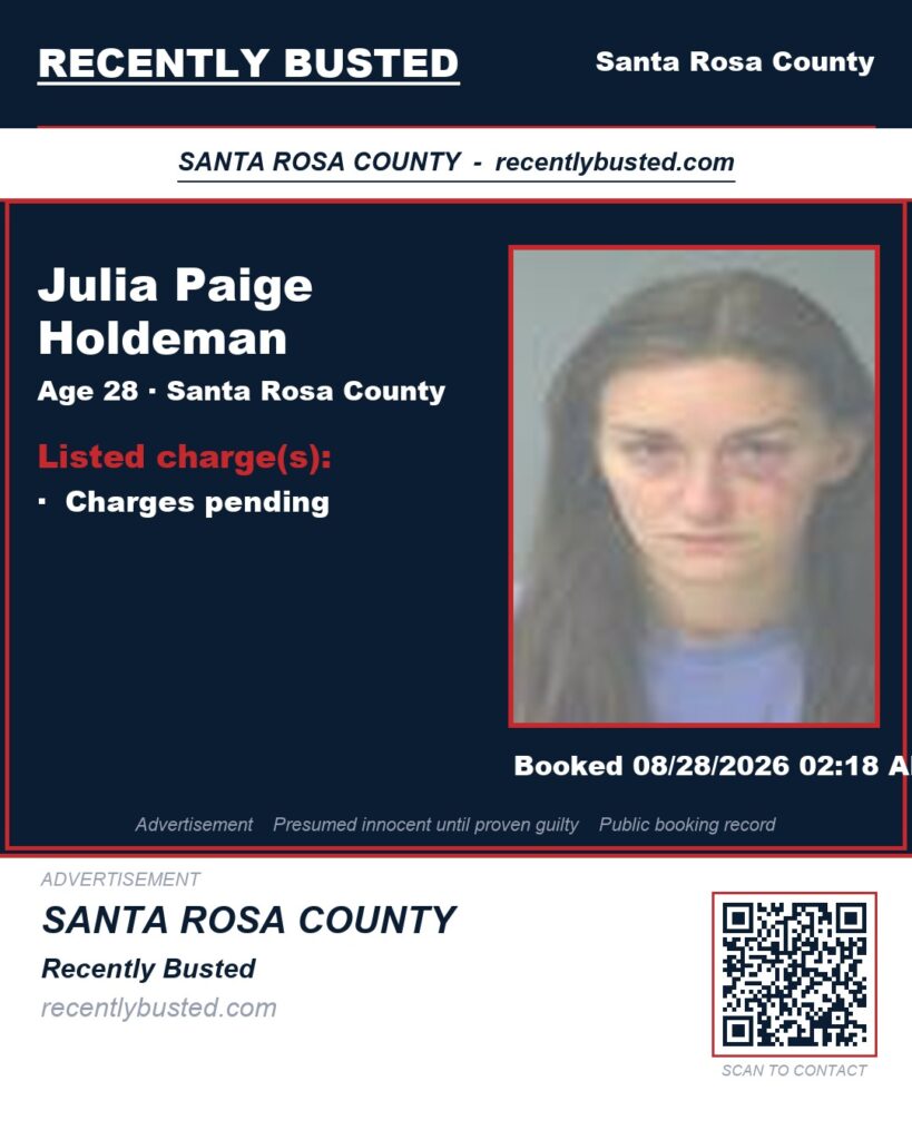 Julia Paige Holdeman — arrest record card, Santa Rosa County, Florida