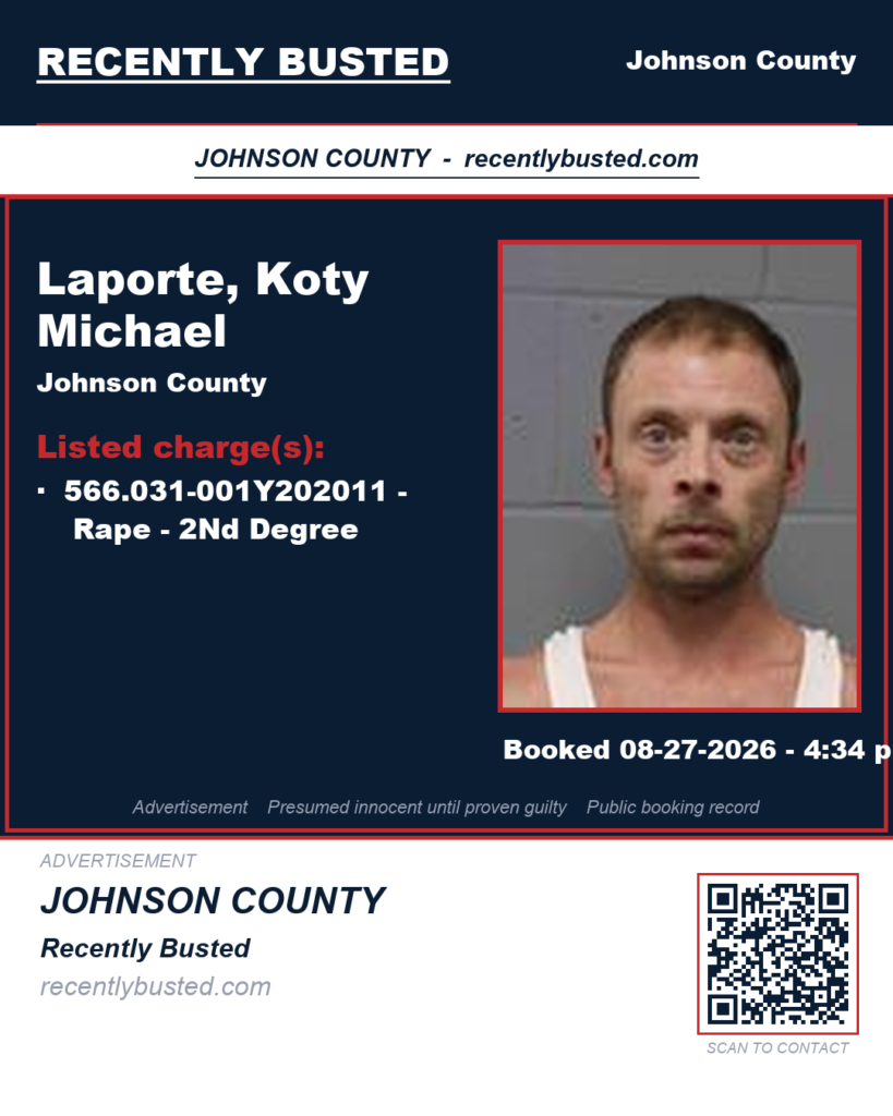 LAPORTE, KOTY MICHAEL — arrest record card, Johnson County, Missouri