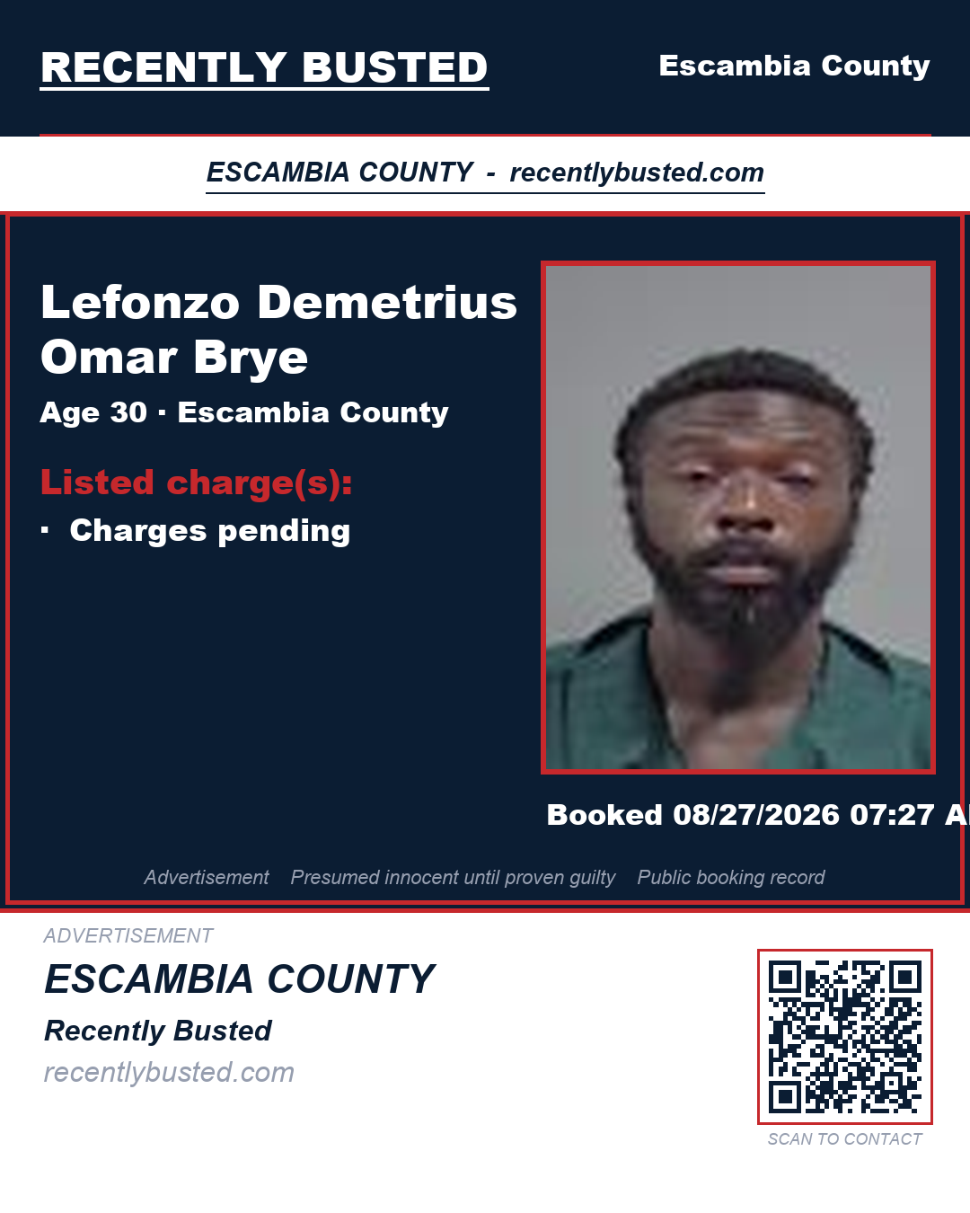 Lefonzo Demetrius Omar Brye — arrest record card, Escambia County, Florida
