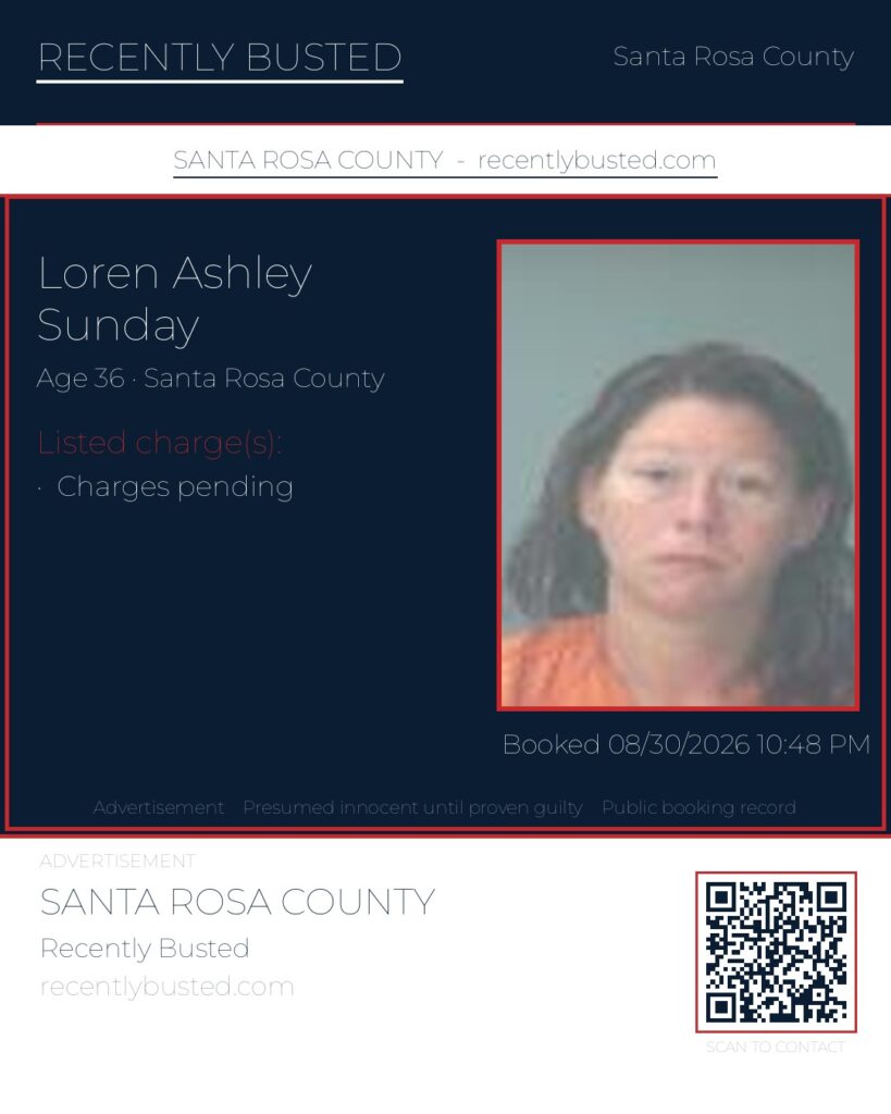 Loren Ashley Sunday — arrest record card, Santa Rosa County, Florida