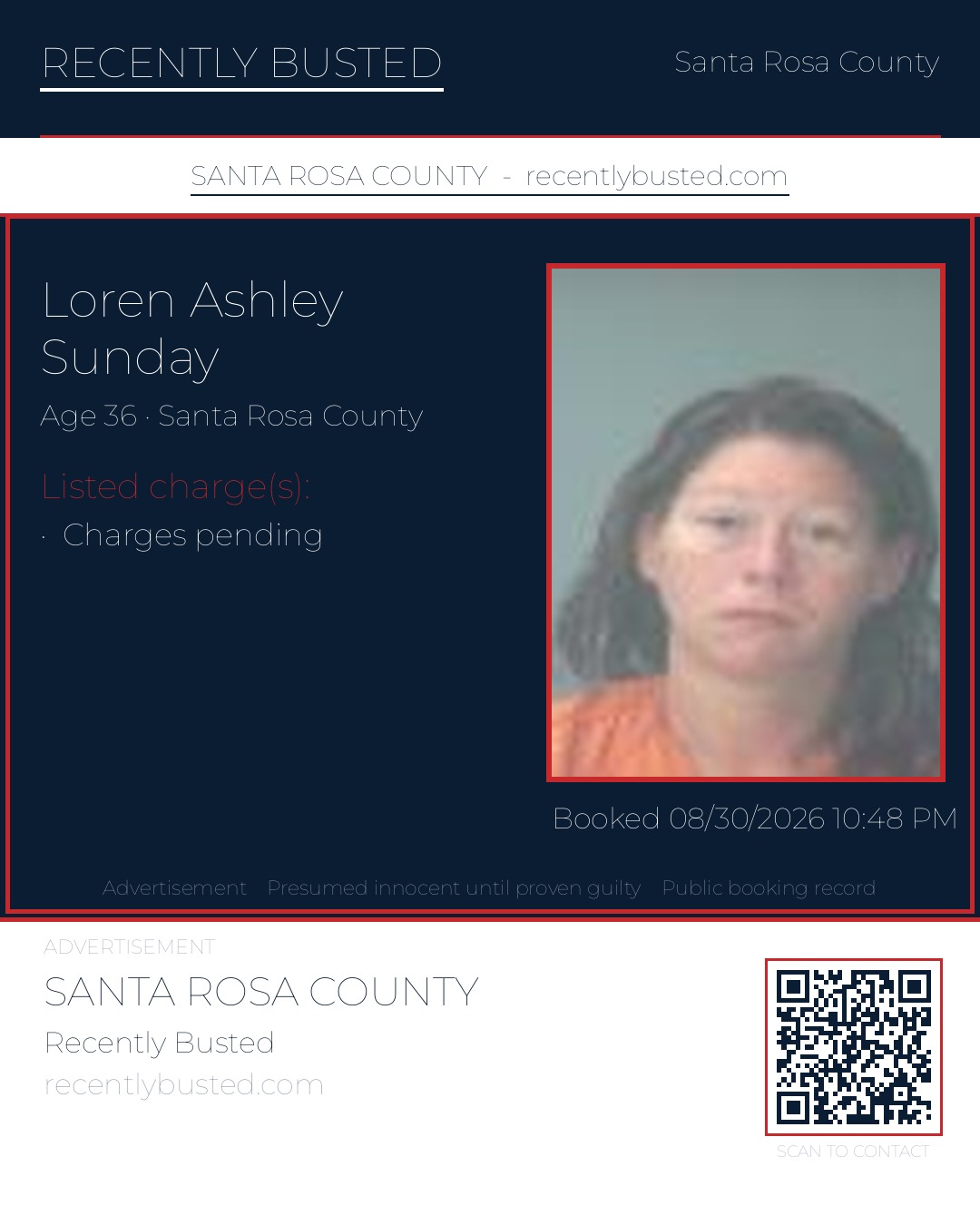 Loren Ashley Sunday — arrest record card, Santa Rosa County, Florida