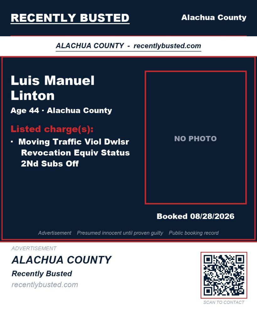 Luis Manuel Linton — arrest record card, Alachua County, Florida