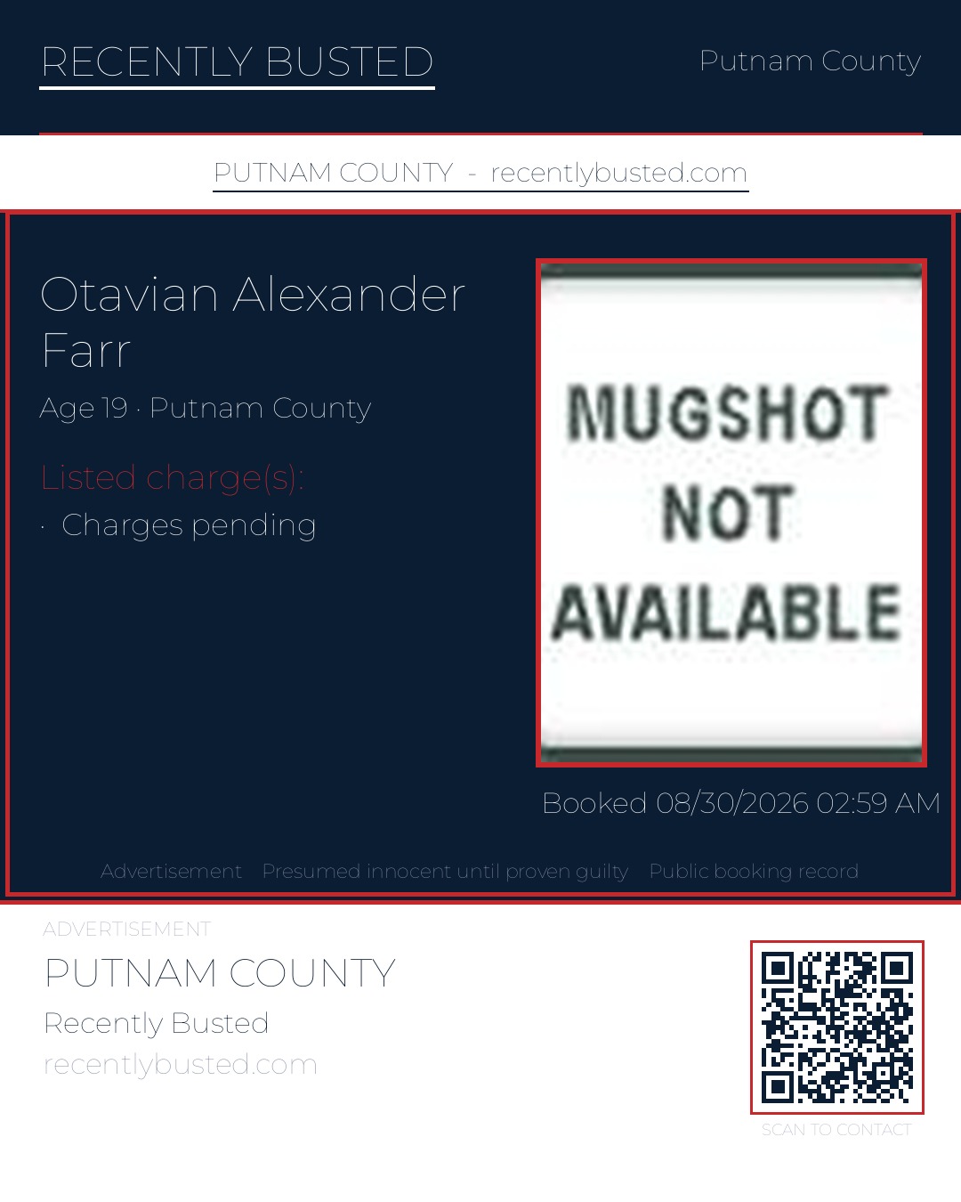 Otavian Alexander Farr — arrest record card, Putnam County, Florida