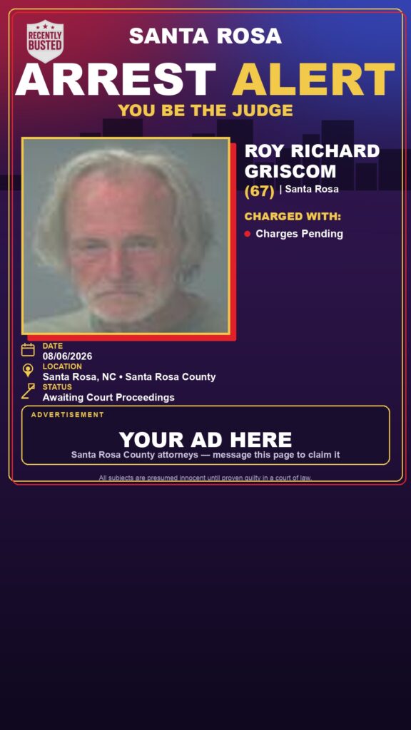 Roy Richard Griscom — arrest record card, Santa Rosa County, Florida