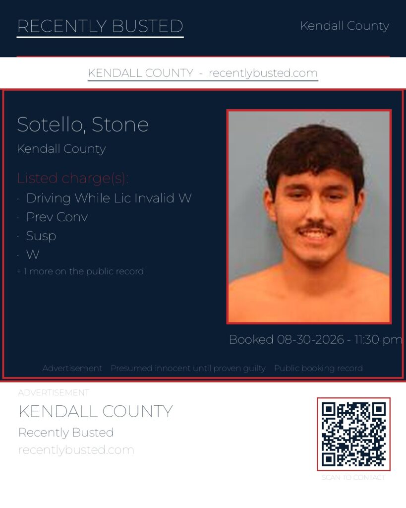 Sotello, Stone — arrest record card, Kendall County, Texas