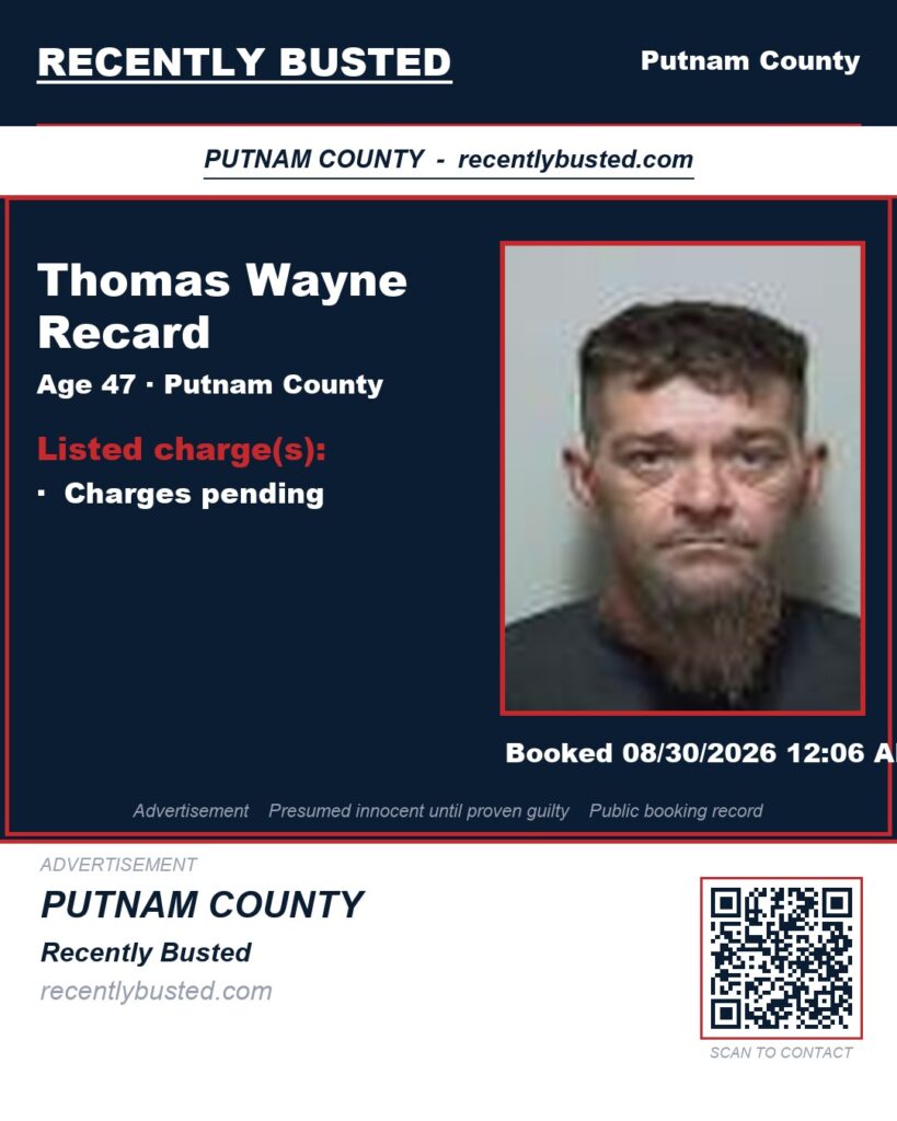Thomas Wayne Recard — arrest record card, Putnam County, Florida