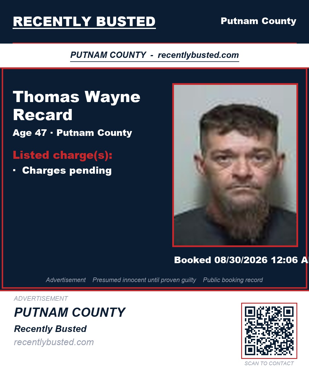Thomas Wayne Recard — arrest record card, Putnam County, Florida