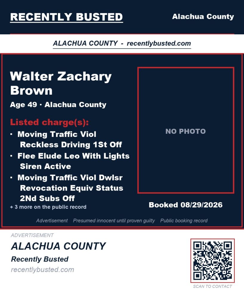 Walter Zachary Brown — arrest record card, Alachua County, Florida
