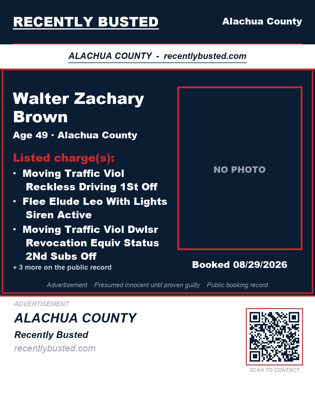 Walter Zachary Brown — arrest record card, Alachua County, Florida