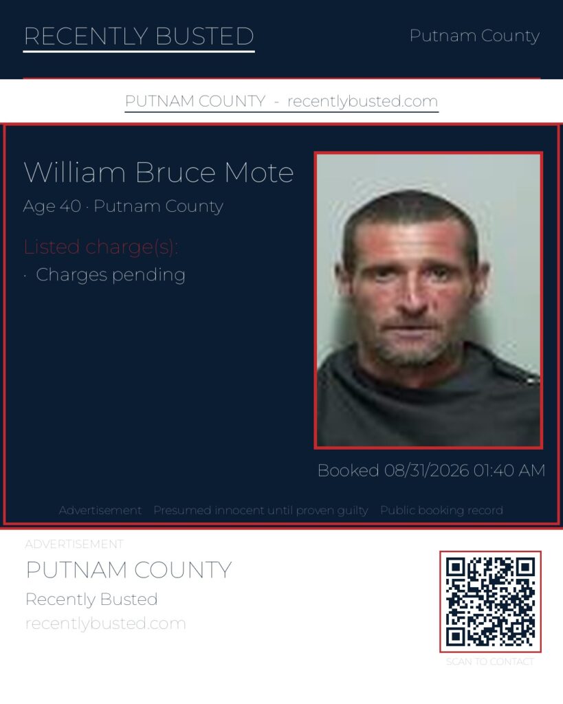 William Bruce Mote — arrest record card, Putnam County, Florida