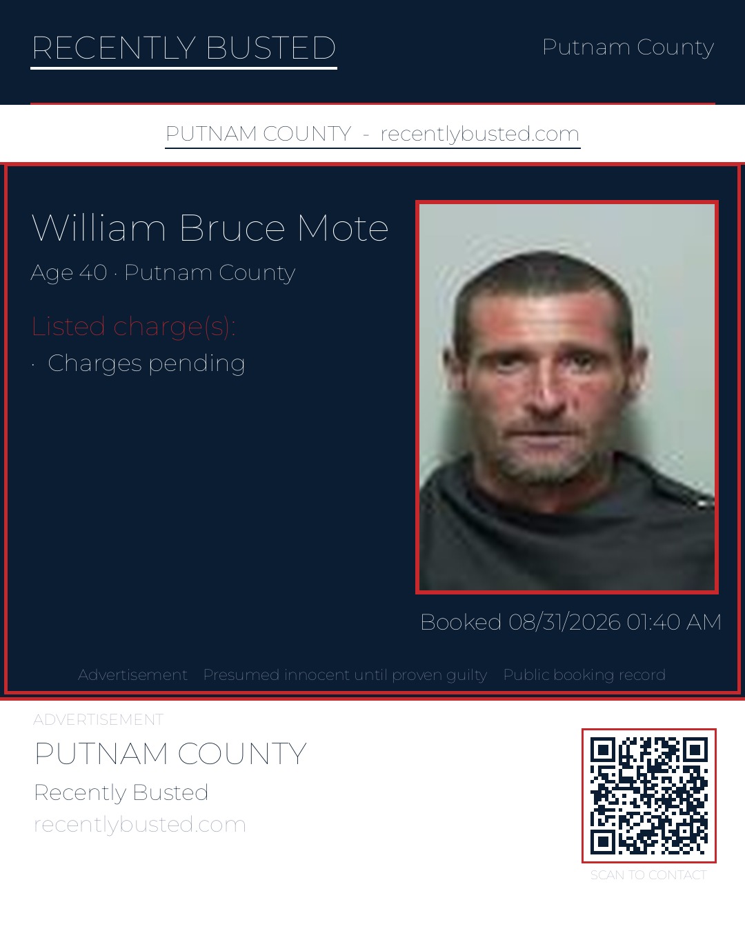 William Bruce Mote — arrest record card, Putnam County, Florida
