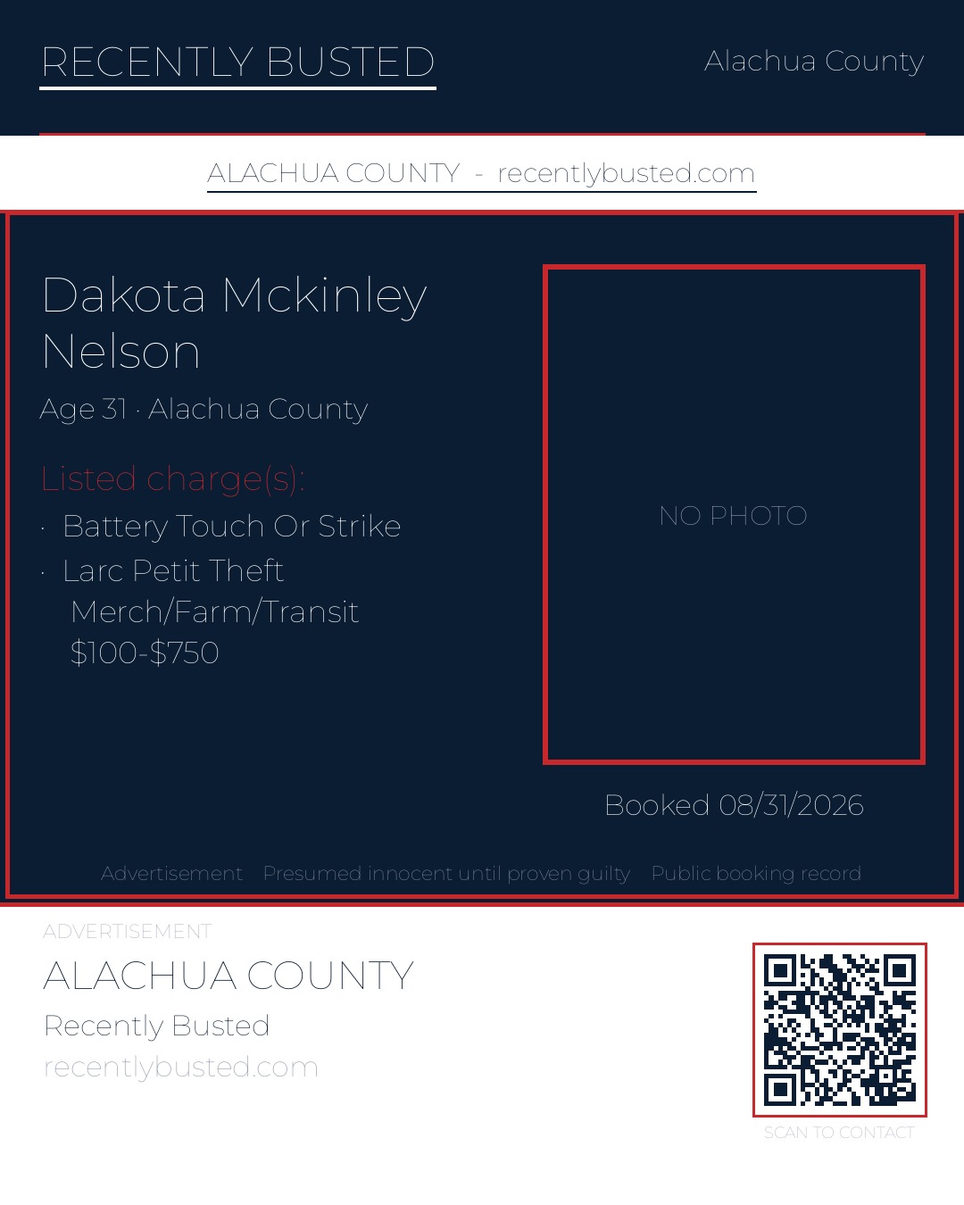 Dakota Mckinley Nelson — arrest record card, Alachua County, Florida