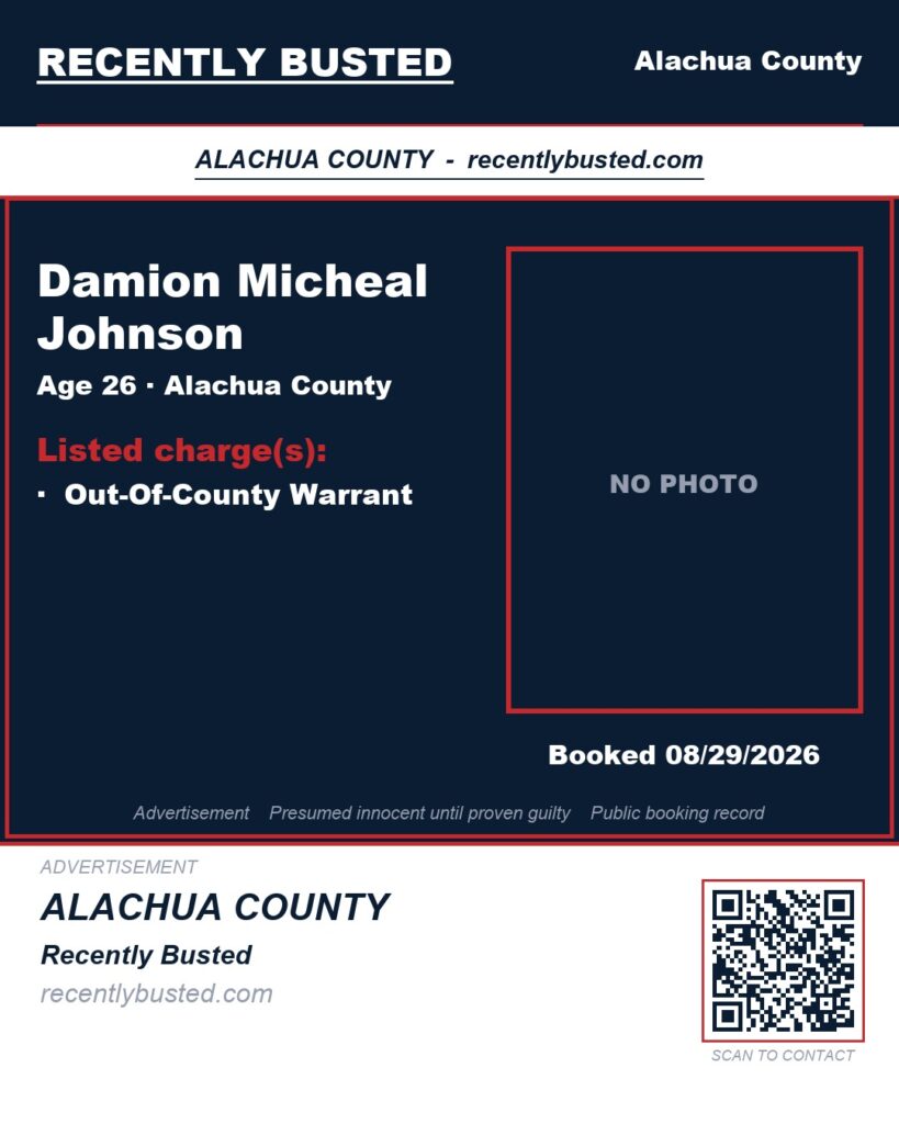 Damion Micheal Johnson — arrest record card, Alachua County, Florida