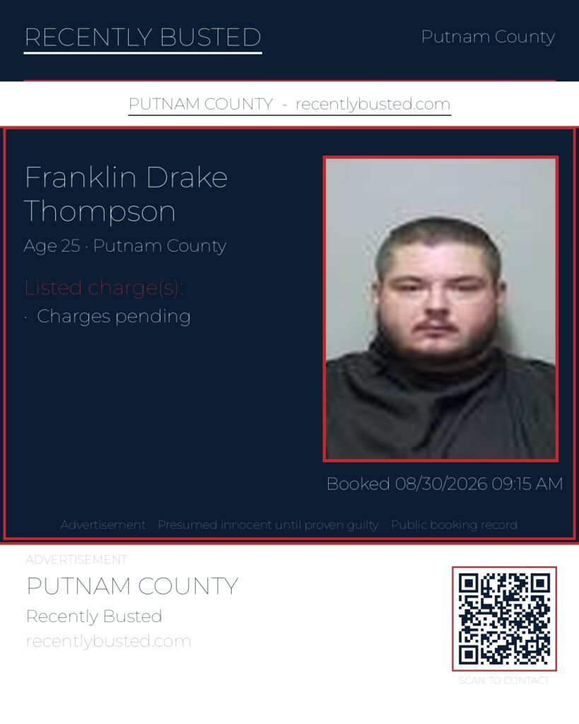 Franklin Drake Thompson — arrest record card, Putnam County, Florida