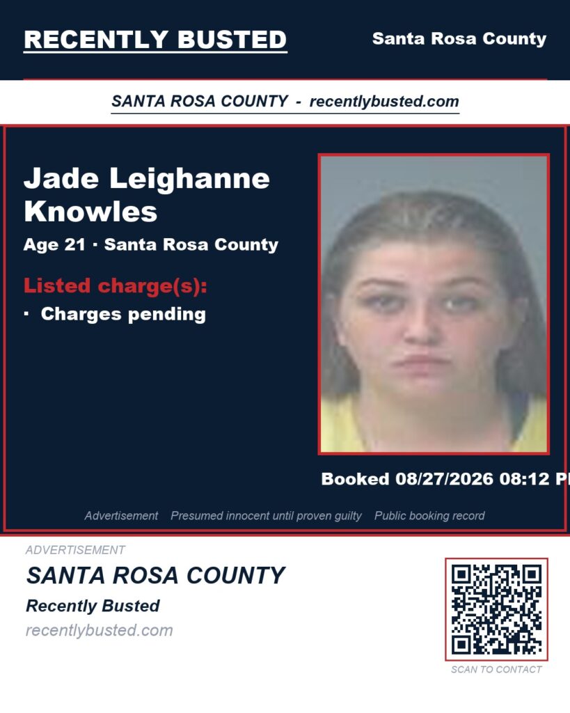 Jade Leighanne Knowles — arrest record card, Santa Rosa County, Florida