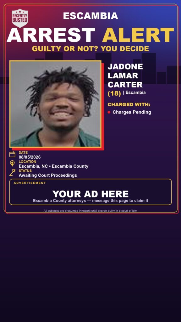 Jadone Lamar Carter — arrest record card, Escambia County, Florida