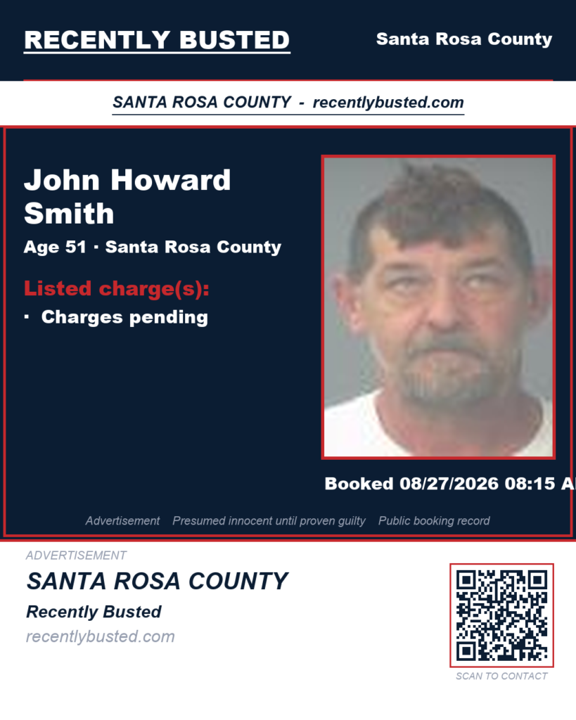 John Howard Smith — arrest record card, Santa Rosa County, Florida