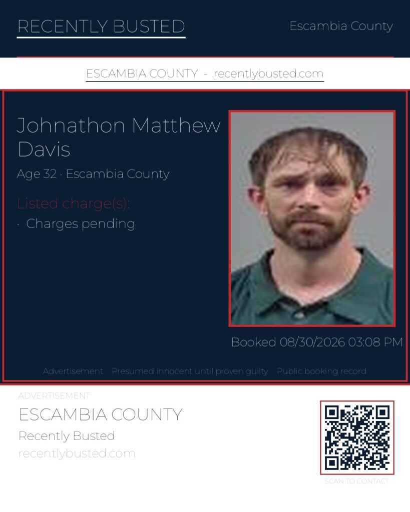 Johnathon Matthew Davis — arrest record card, Escambia County, Florida