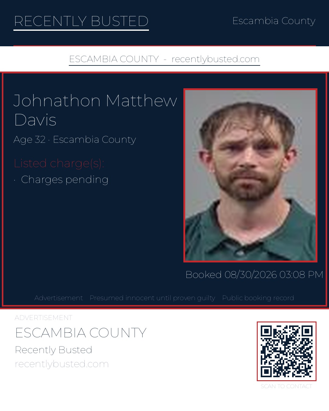 Johnathon Matthew Davis — arrest record card, Escambia County, Florida