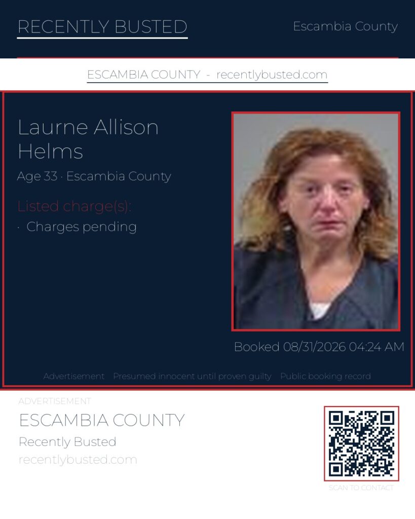Laurne Allison Helms — arrest record card, Escambia County, Florida