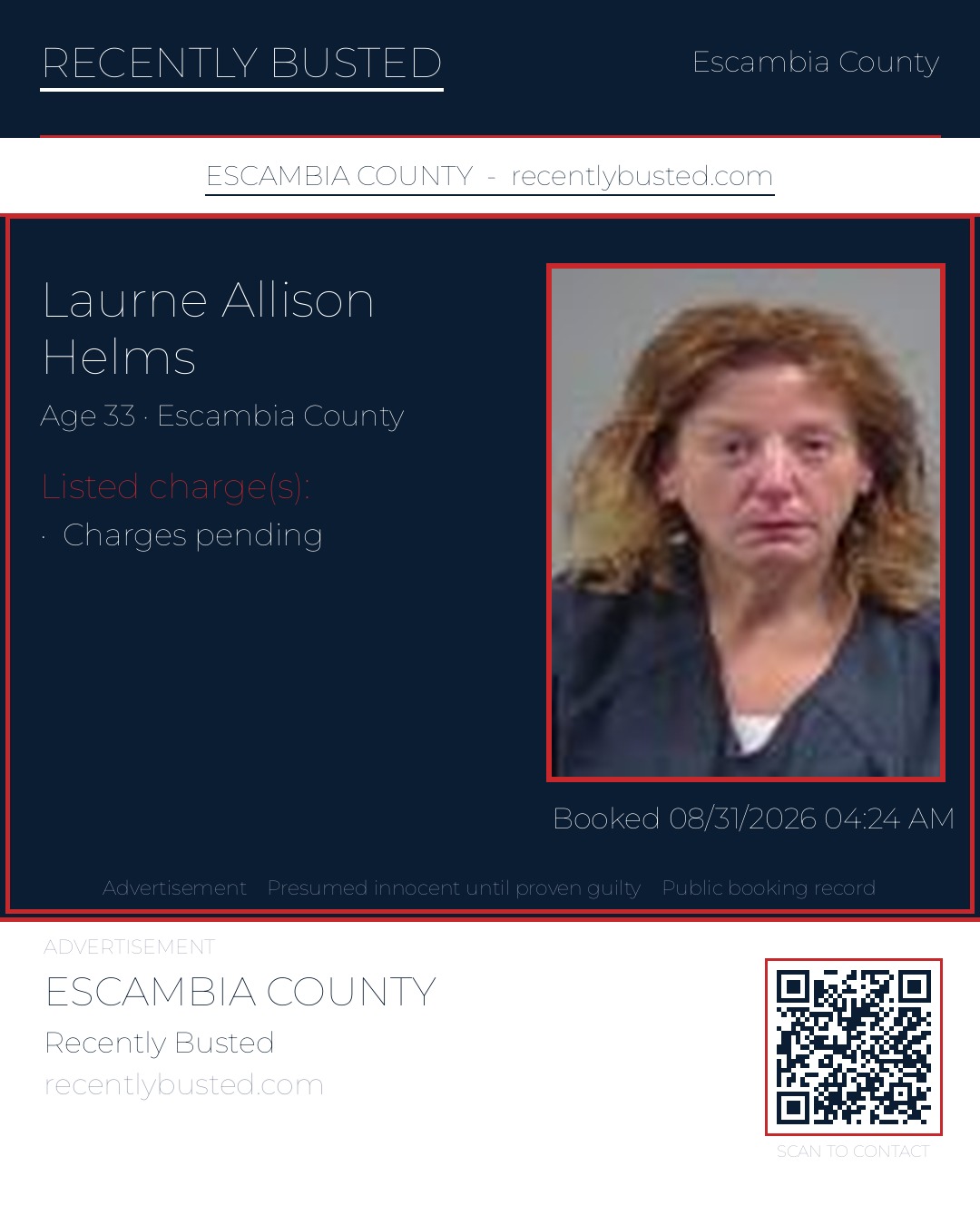 Laurne Allison Helms — arrest record card, Escambia County, Florida