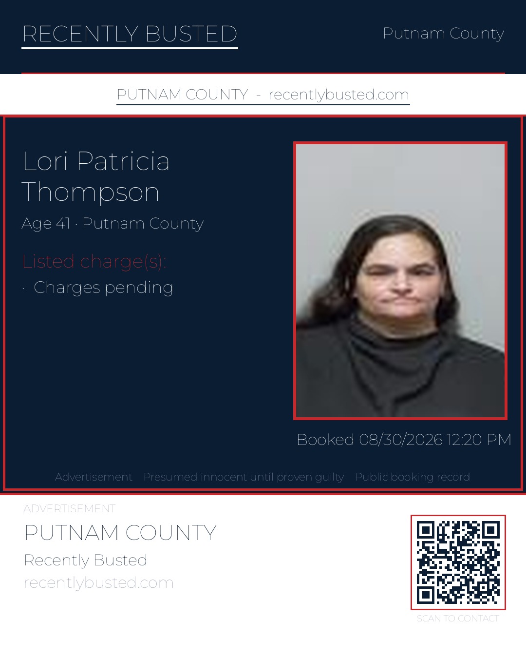 Lori Patricia Thompson — arrest record card, Putnam County, Florida