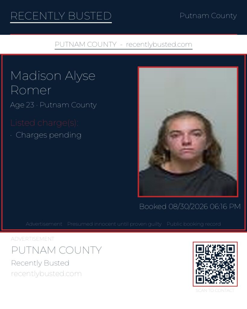 Madison Alyse Romer — arrest record card, Putnam County, Florida