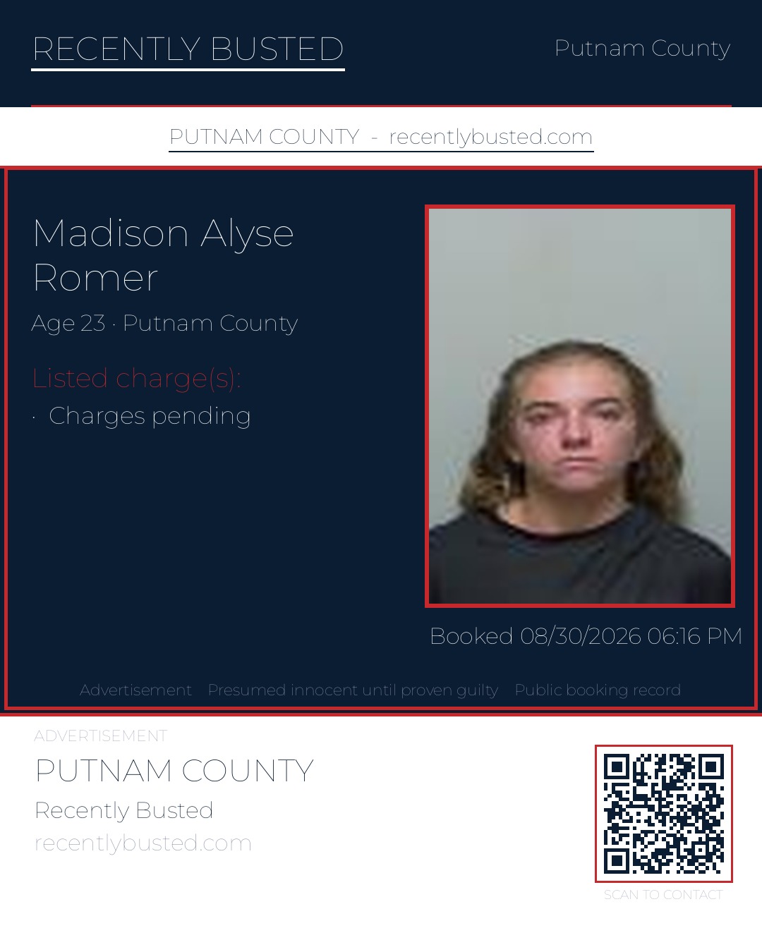 Madison Alyse Romer — arrest record card, Putnam County, Florida