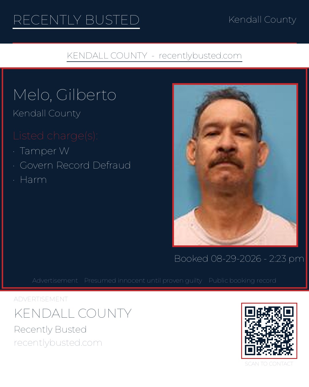 Melo, Gilberto — arrest record card, Kendall County, Texas