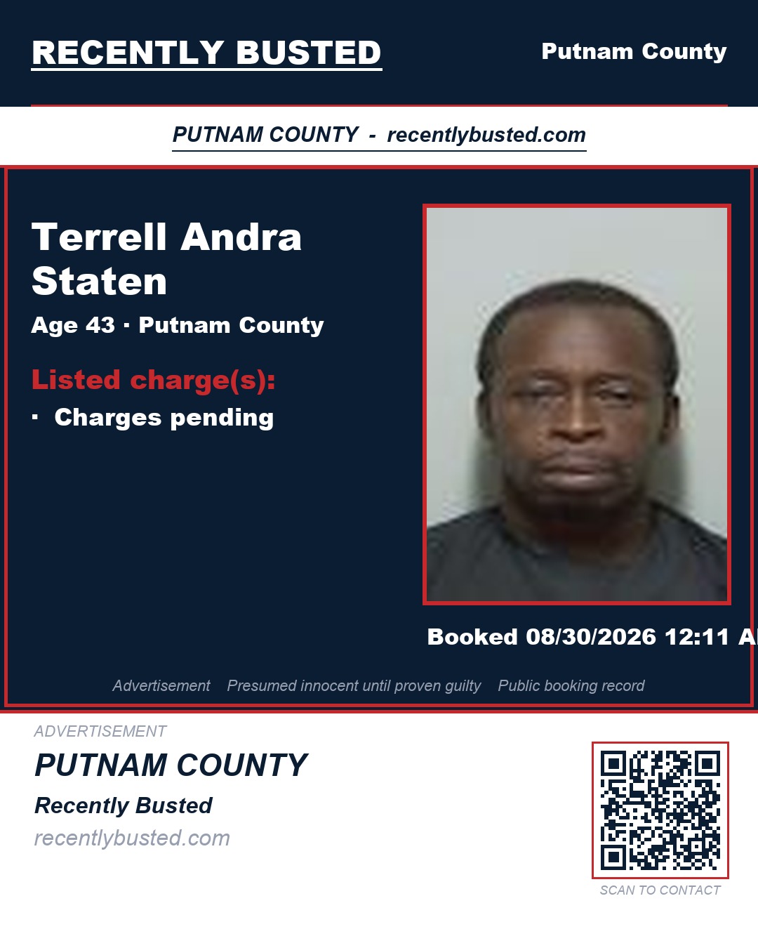 Terrell Andra Staten — arrest record card, Putnam County, Florida