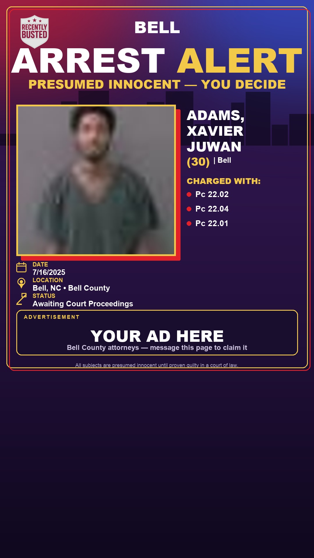 Arrest report - ADAMS, XAVIER JUWAN