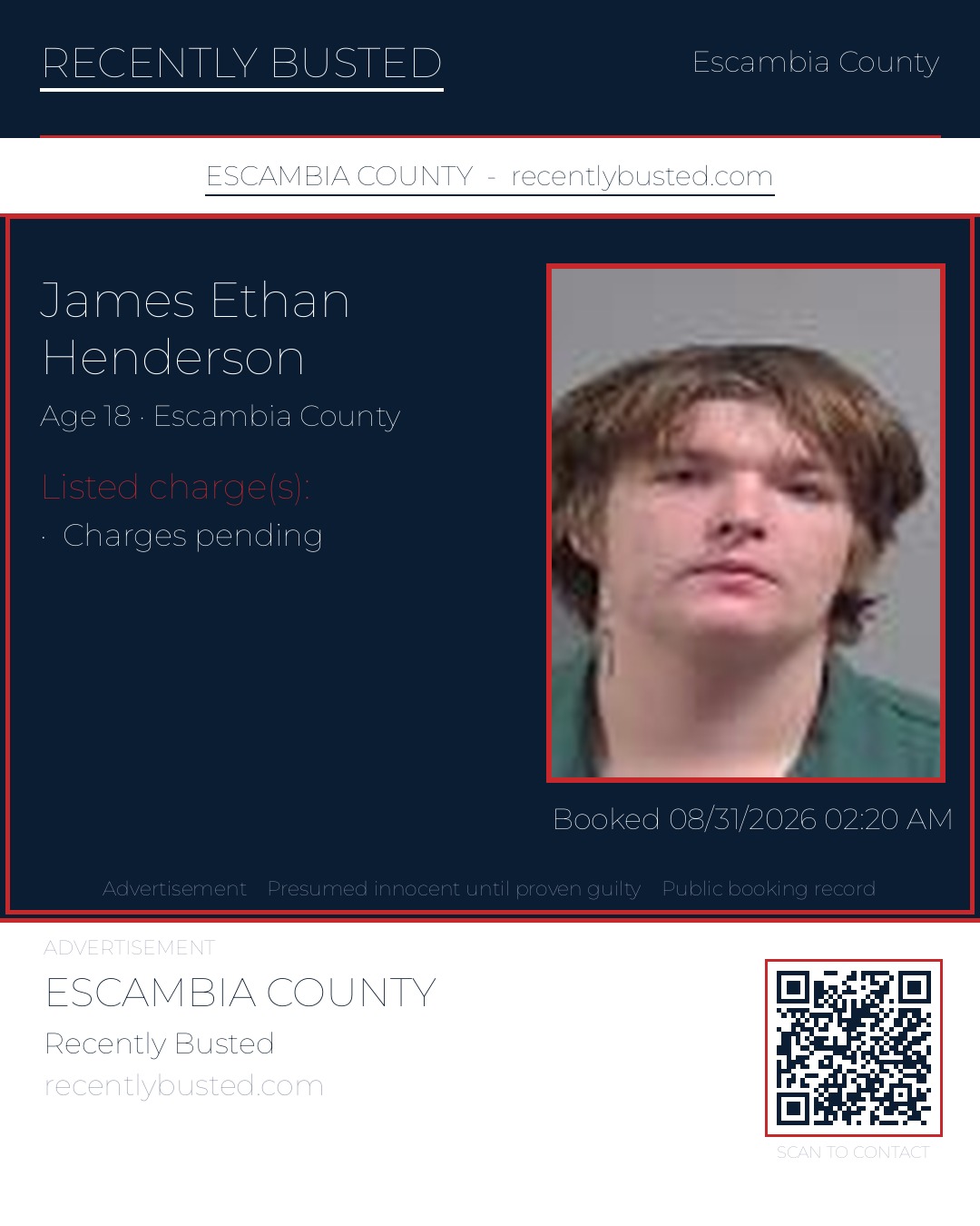 James Ethan Henderson — arrest record card, Escambia County, Florida