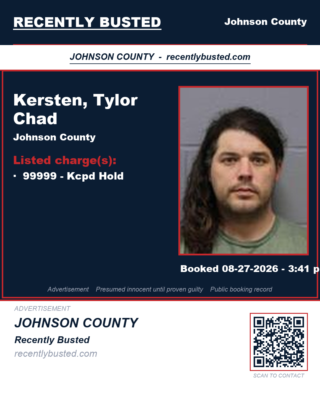 KERSTEN, TYLOR CHAD — arrest record card, Johnson County, Missouri