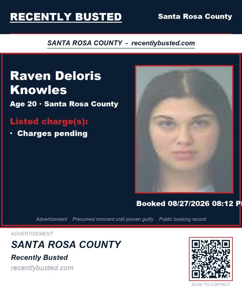 Raven Deloris Knowles — arrest record card, Santa Rosa County, Florida