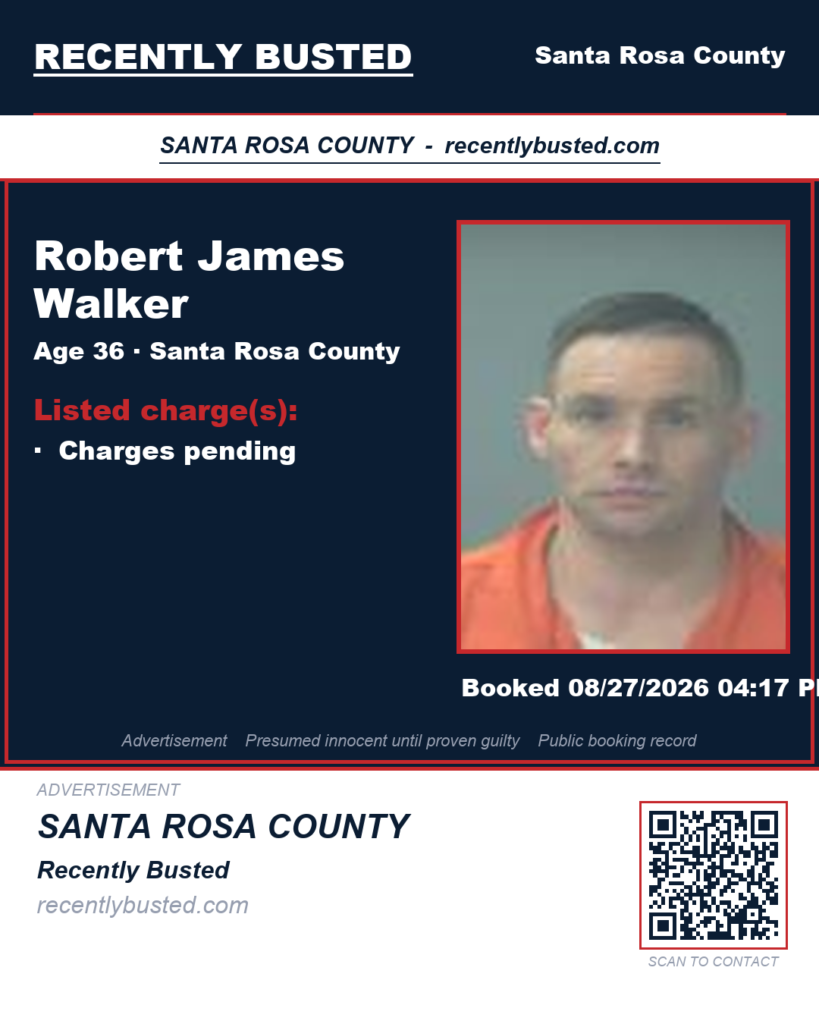 Robert James Walker — arrest record card, Santa Rosa County, Florida