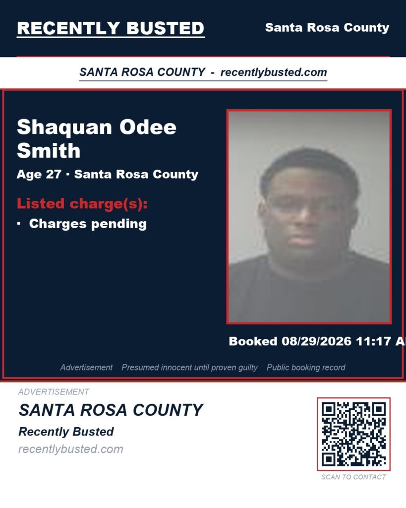 Shaquan Odee Smith — arrest record card, Santa Rosa County, Florida