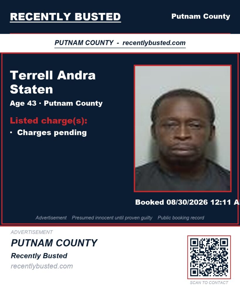 Terrell Andra Staten — arrest record card, Putnam County, Florida