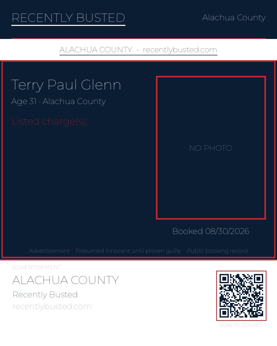 Terry Paul Glenn — arrest record card, Alachua County, Florida