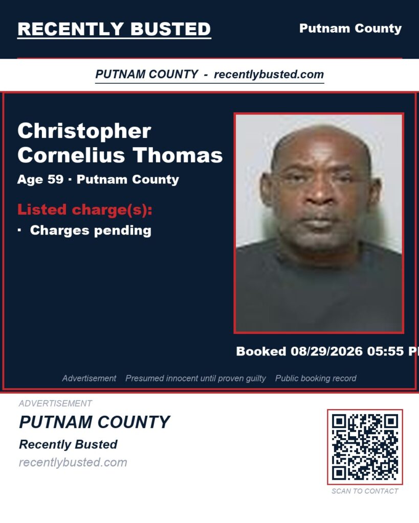 Christopher Cornelius Thomas — arrest record card, Putnam County, Florida