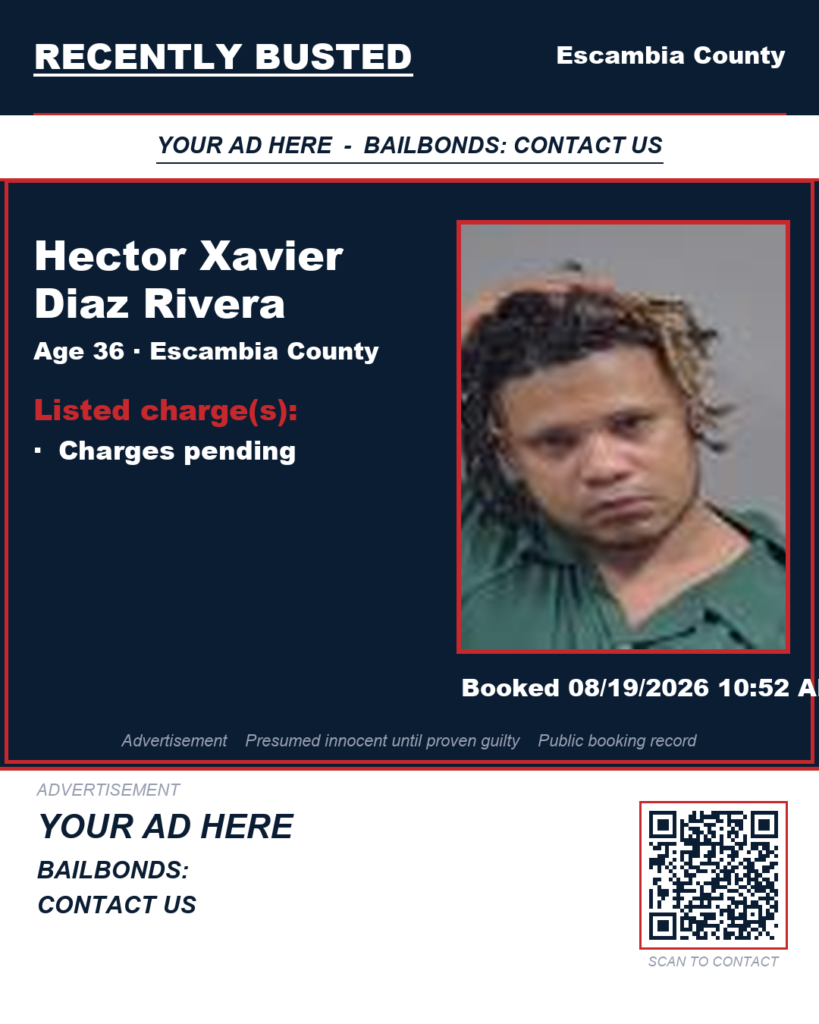 Hector Xavier Diaz Rivera — arrest record card, Escambia County, Florida