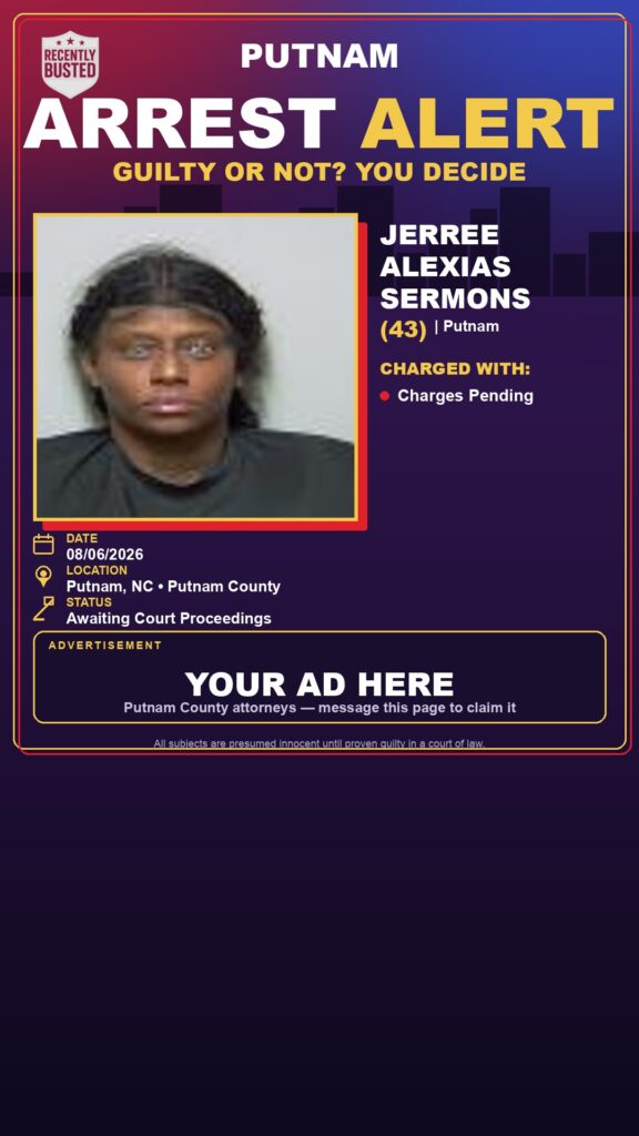 Jerree Alexias Sermons — arrest record card, Putnam County, Florida