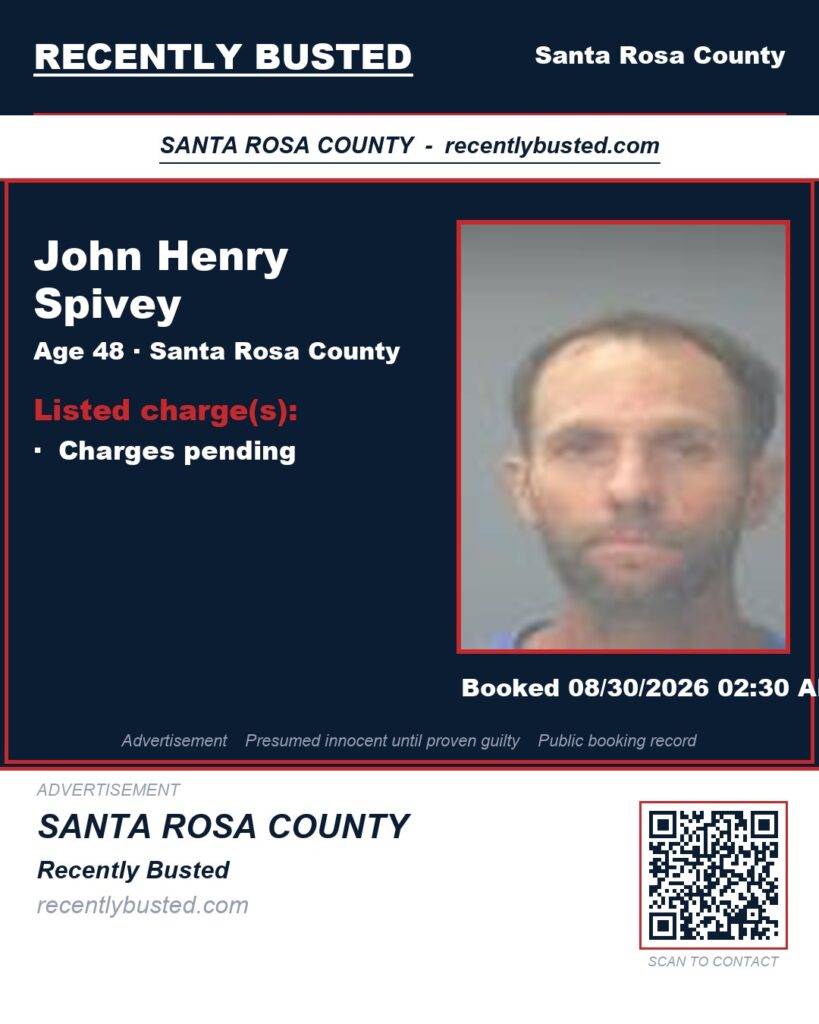 John Henry Spivey — arrest record card, Santa Rosa County, Florida