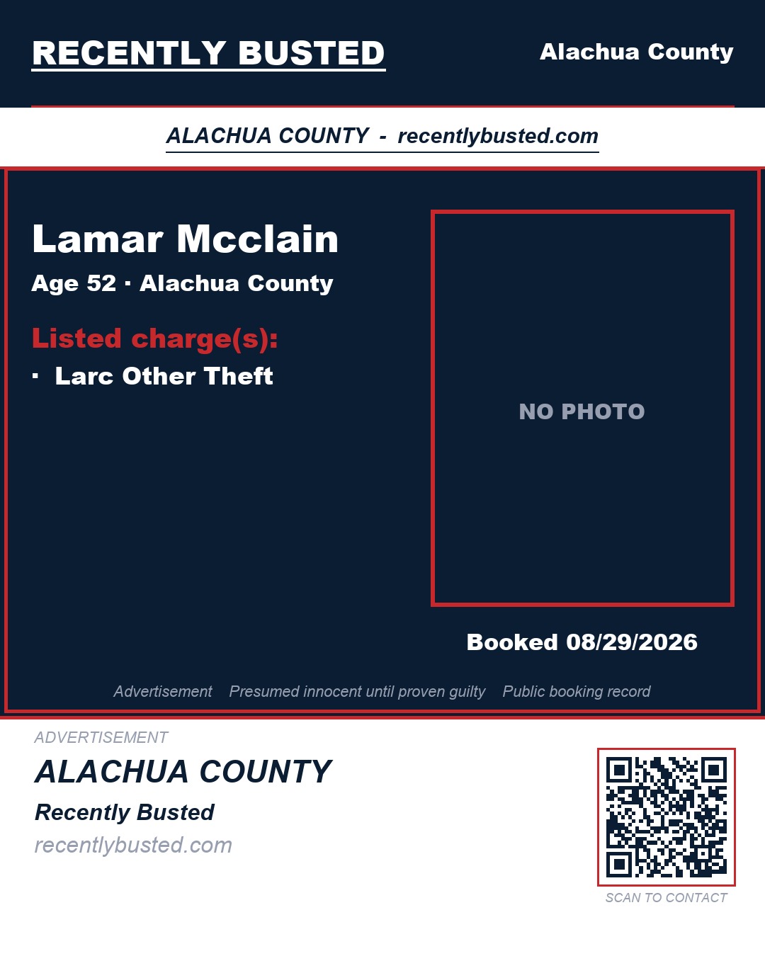 Lamar Mcclain — arrest record card, Alachua County, Florida